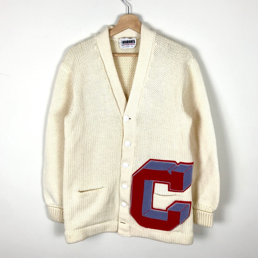Vintage Cream Cardigan with Red and Blue Letter Patch